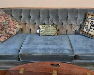 Vintage Blue Velour Couch with wood trim