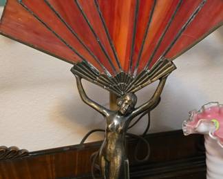 Art Deco Nude Winged Stain Glass Panel Lamp - Bronze Base