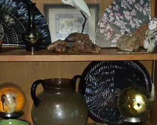 Vintage Home Decor - Hand Fans - Handblown Vase - Crane Bird