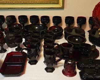 Nice Collection of Avon Red Cape Cod - Decanters - Pitcher - Plates - Goblets - Butter Dishes