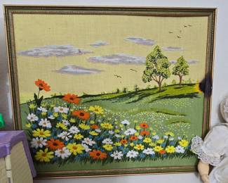 Midcentury Embroidery Flower Picture