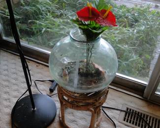 Large round terrarium bowl on rattan stand 