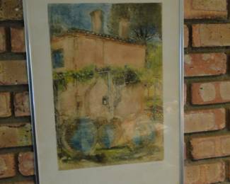 Large framed print with jugs in the foreground and home in the background