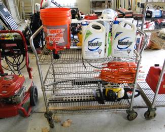 Garage items, with rolling carts and rolling shelving too