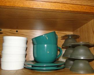 Ramekins, and a pair of coffee mugs, and some vintage Tupperware pudding or Jell-O cups