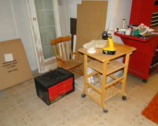 Leaded glass door panels, a child's rocking chair, tool chest and rolling wooden cart