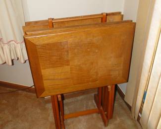 TV trays, complete set of four with stand, all in solid wood