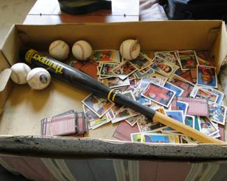 Let's play ball, with a vintage bat, some balls, and some vintage baseball cards