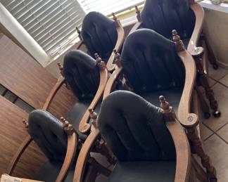 Set of 6 Leather and wood chairs on wheels