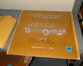 Collectible, Ford Motor Company, Dearborn Glass Plant 1985 Open House.  Glass etched with a Ford Taurus.  Just look at those clean and sexy 1985 lines on that beauty