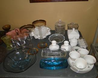 Milk glass, blue glass, and clear glass, and gold rimmed glass too