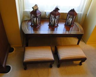 Light up lanterns, vintage table, and a pair of matching foot stools too