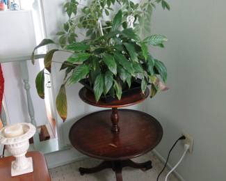 Live plant, and antique two tiered table