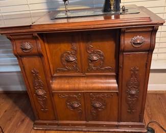 Most wonderful Art Deco painted Sewing Machine and Carved wooden Sewing Machine Cabinet