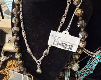 Vintage Cloisonne Necklace, Sterling Red Stone Necklace