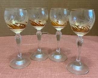 4 Cut Glass Gold Trim Cordial Glasses