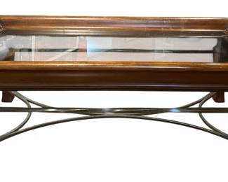 Walnut Coffee Table w/Metal Design and Glass Top