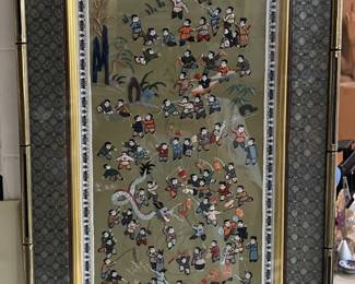 100 Children Playing Framed Silk