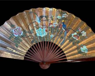 Vtg Asian Floral Gold Hand Painted Fan Wall Decor