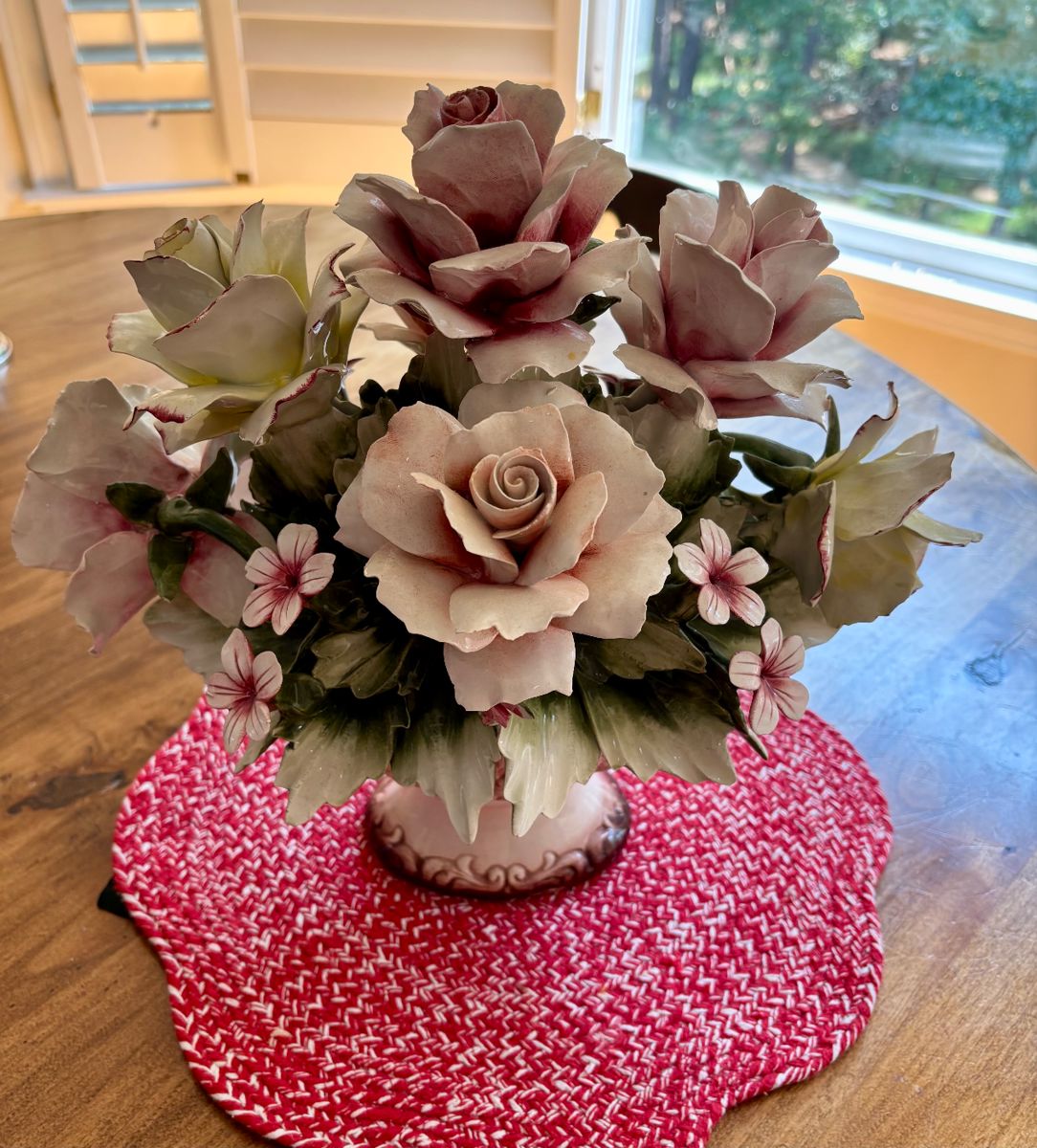 Capodimonte gorgeous basket, exceptional condition. Other pieces and box full of Pink, yes pink Depression glass.