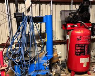 Tire mount machine and wheel balancing machine. Large air compressor.
