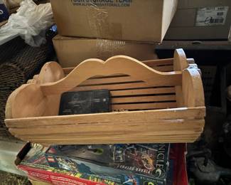 Two wood baskets. So many undiscovered treasures. Vintage wood stools. 