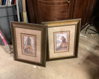 Framed pictures and mirrors.