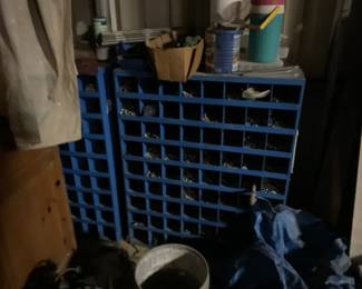 Metal cabinets and organizing boxes.Rolling metal carts.