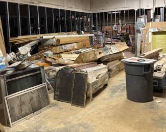 Full room of handyman items, renovations, doors, flooring, tile, laminate wood flooring, oak, white pvc fence. 