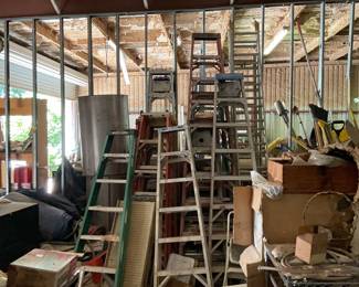 Ladders. Wood, metal carts.