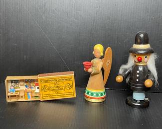 Germany miniature matchbox, incense smoker & angel vtg