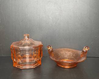 Pink depression glass candy dish and bowl with birds