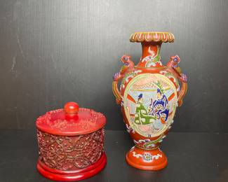 Japanese Satsuma ware vase & cinnabar laquer box