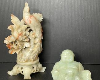 Soapstone bird statue & jade Buddha