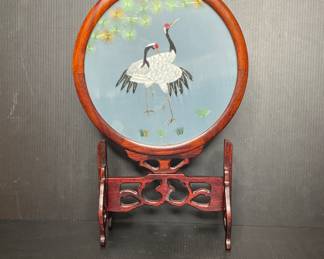 Vintage Chinese silk embroidered screen w/ mahogany stand