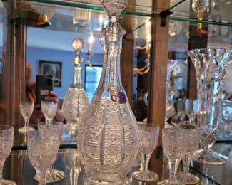 Bohemian crystal, "Hand Cut Lead Crystal" with "24% PbO" decanter set with glasses.