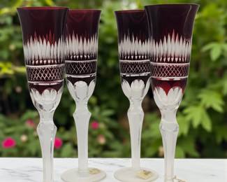 4 pc Ajka Bohemian cut crystal champagne flutes
