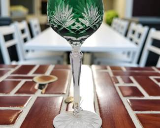 Green crystal cut wine glass