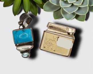 Various jewelry pieces with turquoise and table lighter 

sold individually 