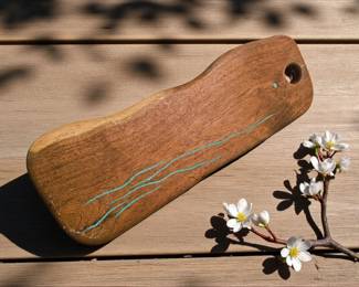 Mesquite charcuterie cheese board with turquoise inlay 