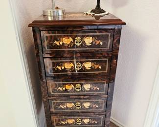 5 drawer jewlery hutch with beautiful wood inlay