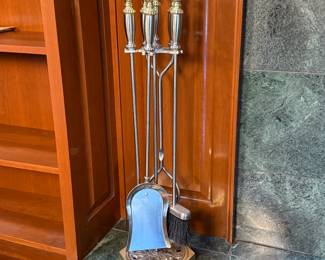 Lot #61 Vintage Fire Tool Set - Silver Metal and Brass.