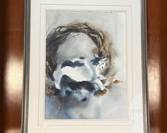 Lot #12 Framed Watercolor Painting of a Cat in a Wreath by Judy Harlacher