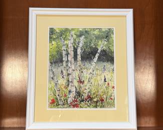 Lot #11 Framed Watercolor Painting of Birch Trees and Wildflowers by Marianne Emig