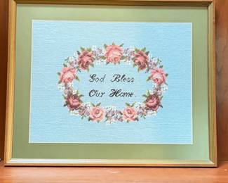Lot #28 Framed Needlepoint Art - 'God Bless Our Home' with Floral Design.