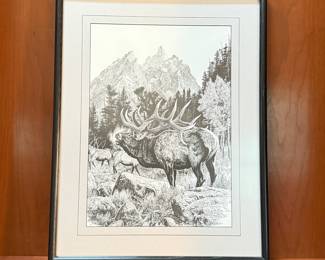 Lot #24 Signed Bill O'Neill Framed Lithograph Elk -Wildlife Wall Art