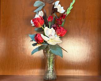 Lot #60 American Brilliant Glass Vase 12" Artificial Flower Arrangement in Glass Vase