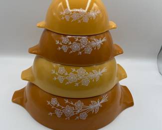 Lot #105 Butterfly Gold Vintage Pyrex Mixing Bowls Set - 1970s - Floral