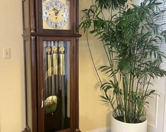 Tall Case Clock, Bamboo Plant, and Glazed Ceramic Planter...
