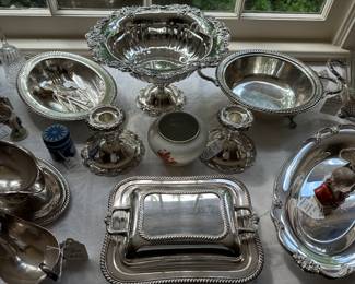 "Baroque" Center Bowl and Candle Holders by Wallace, Silver Serve-ware, and Porcelain...
